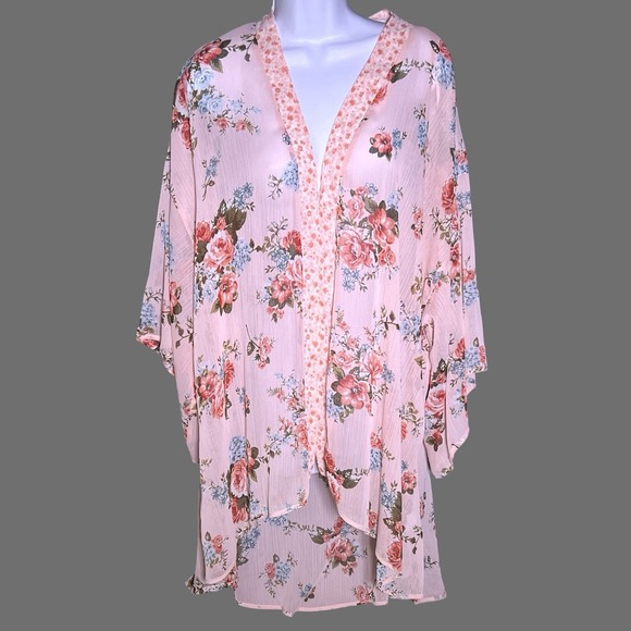 BOG Collective Kimono‎ Duster Cardigan Womens XS/S Pink Floral Hi Lo Sheer Open - Picture 2 of 14
